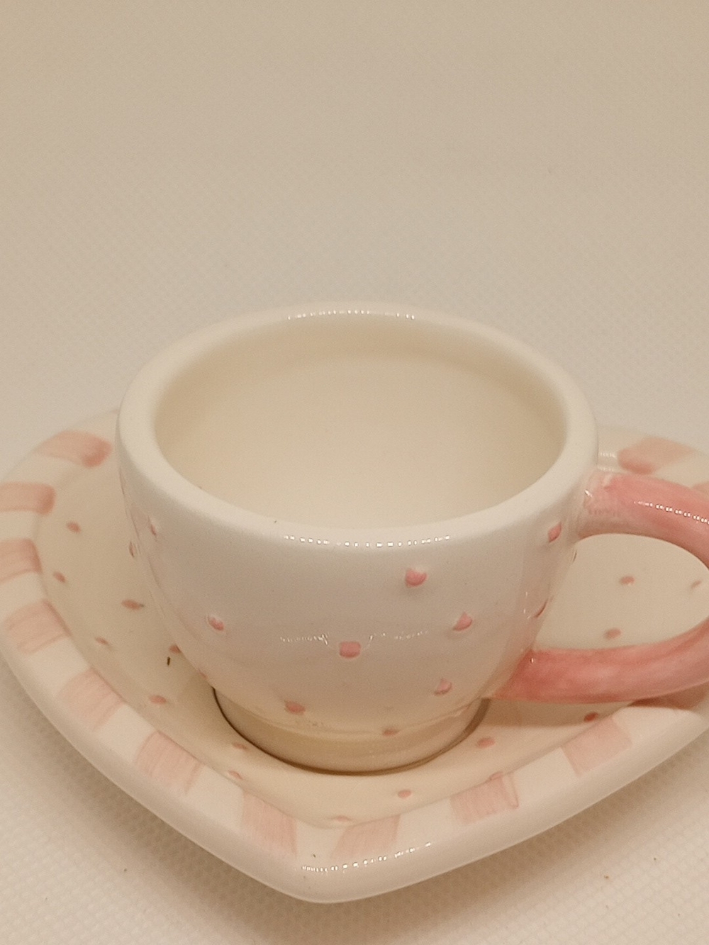 Ceramic Polka Dot Mini Teacup and Heart Saucer - Pink and Cream